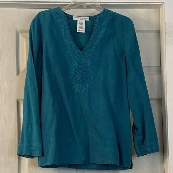 Coldwater Creek Linen Deep Teal Floral Tunic V-Neck Embroidered - Picture 1 of 5